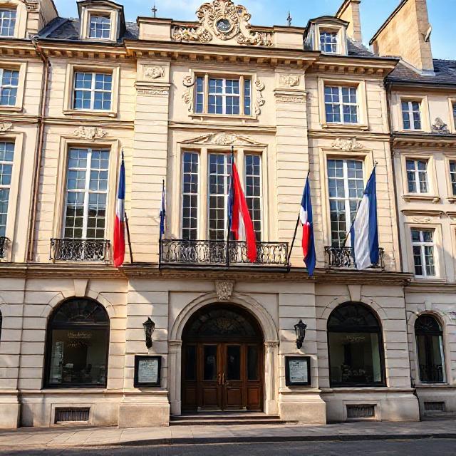 Photorealistic French town hall (mairie) facade with flags, classic architecture, daytime