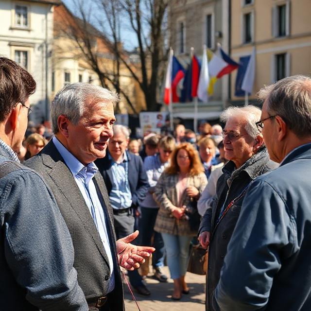 Photorealistic scene of a French municipal candidate talking with residents in a town square, inclusive diverse crowd, flags and posters subtly in background, sunny late afternoon, candid documentary style