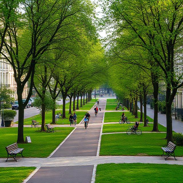 Photorealistic green urban park in a French town with bike lanes, trees, benches, people walking and cycling, soft afternoon light
