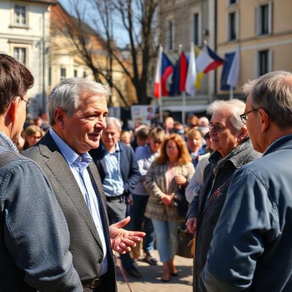 Photorealistic scene of a French municipal candidate talking with residents in a town square, inclusive diverse crowd, flags and posters subtly in background, sunny late afternoon, candid documentary style